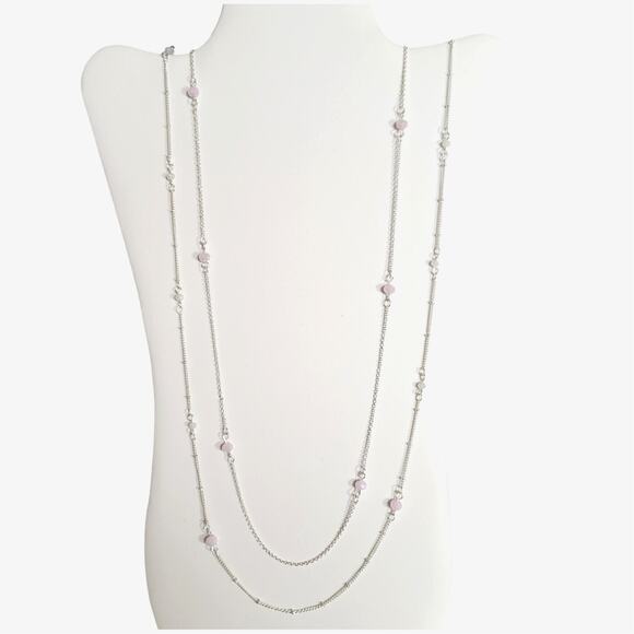 Lauren Conrad Silver Tone Pink & Cream Beaded Layered Necklace 32" +3" Extender - Picture 9 of 12
